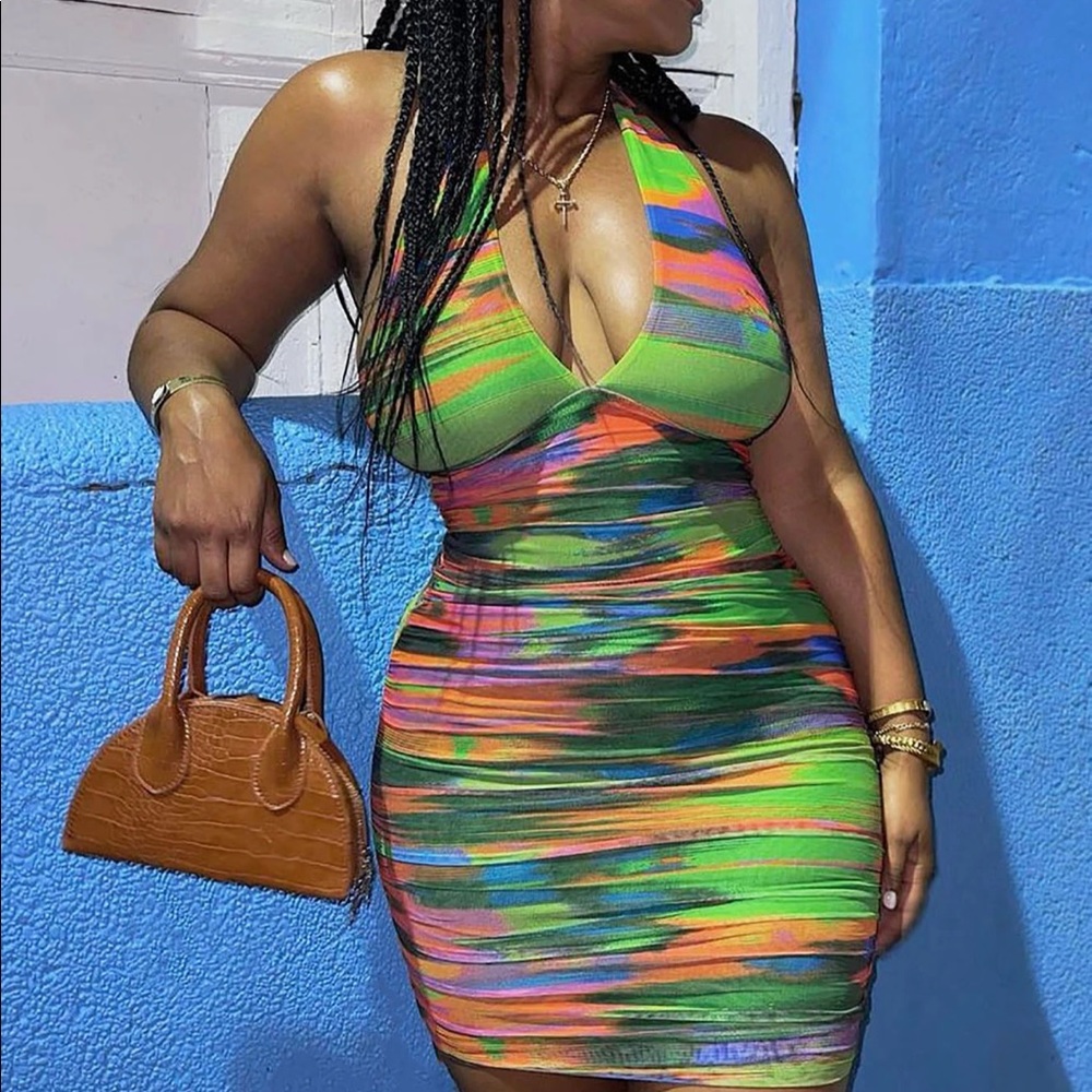 Ruched Mini Dress - Green/Combo